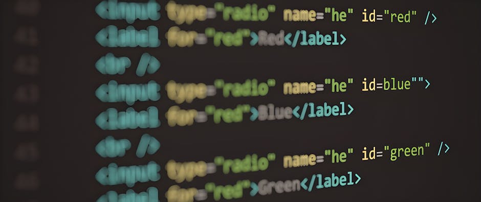 A close-up screen displaying lines of HTML code with colorful syntax highlighting, including tags and attributes such as 'type,' 'name,' and 'id,' in shades of blue, green, and yellow. The background